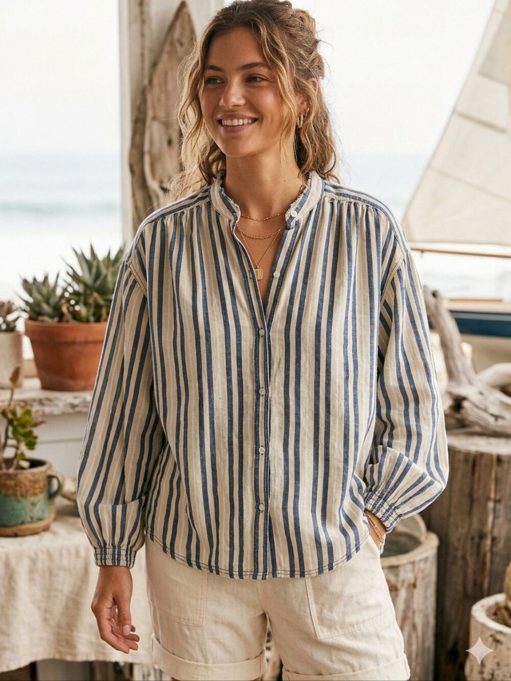 Free People We The Free "Set Sail" Striped Gauze Oversized Top Shirt Size M